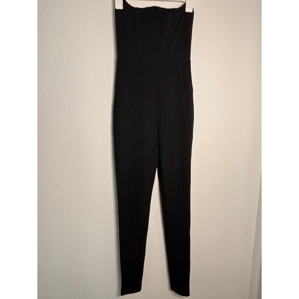 Black Strapless Corset Bodice Tapered Leg Jumpsuit Scalloped Neckline Slim Fit